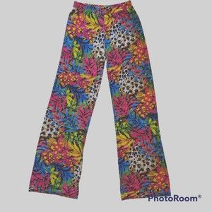 Tropical Palazzo Pull On Pants Womens S Multicolor Wide Leg Sheer Stretch Lounge